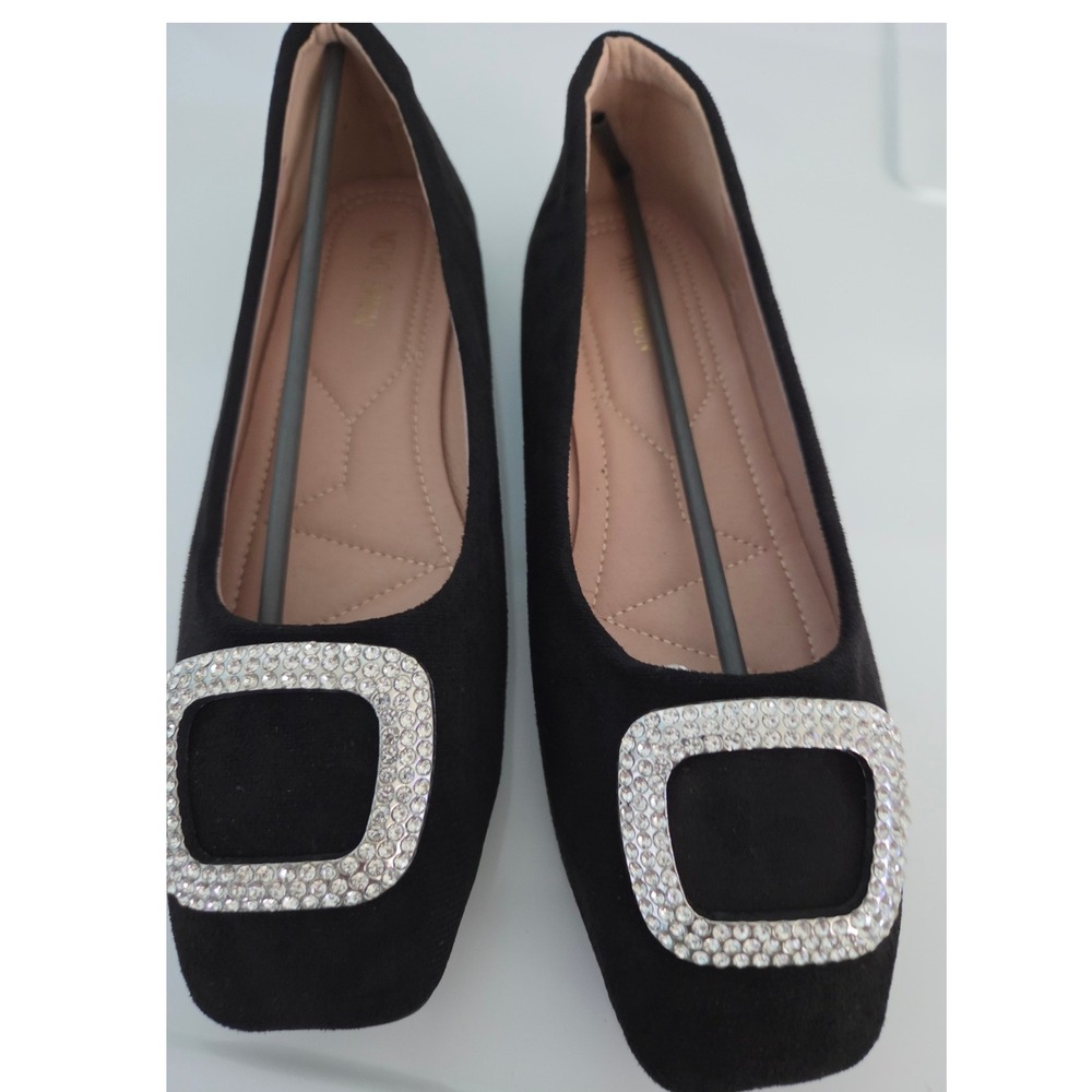 Ming Shun Womens Black Faux Suede Rhinestone Buckle Square Toe Ballet Flats‎